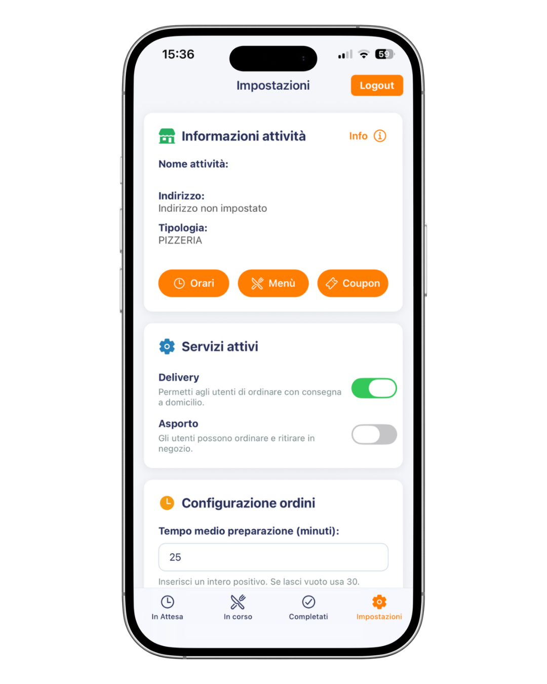App Partner SamnEat schermata impostazioni attività
