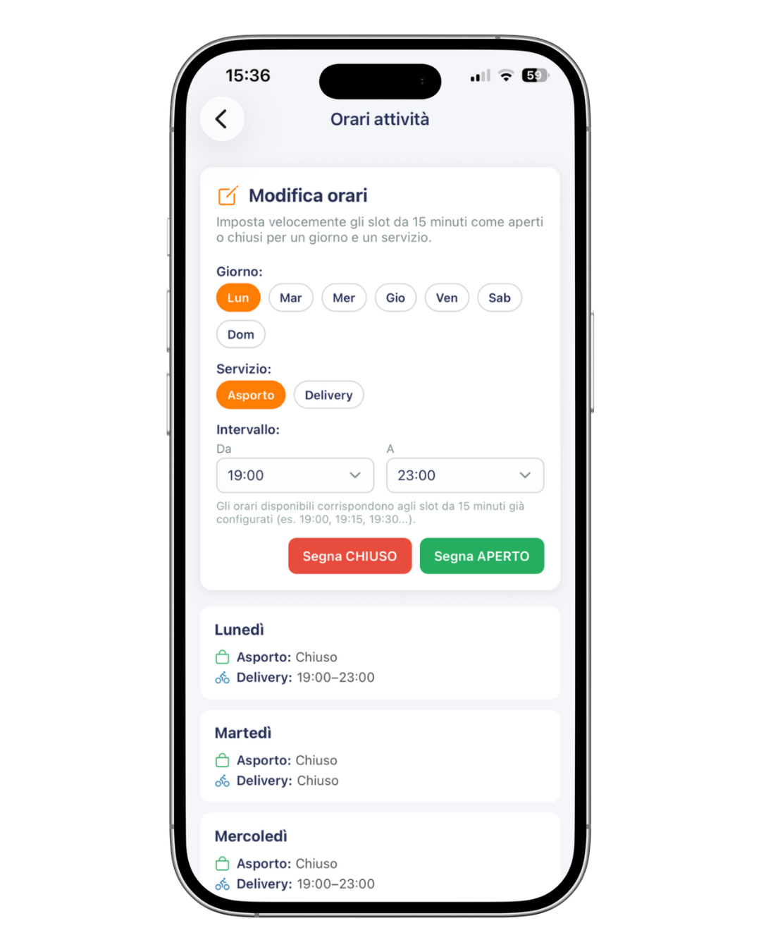 App Partner SamnEat schermata orari attività