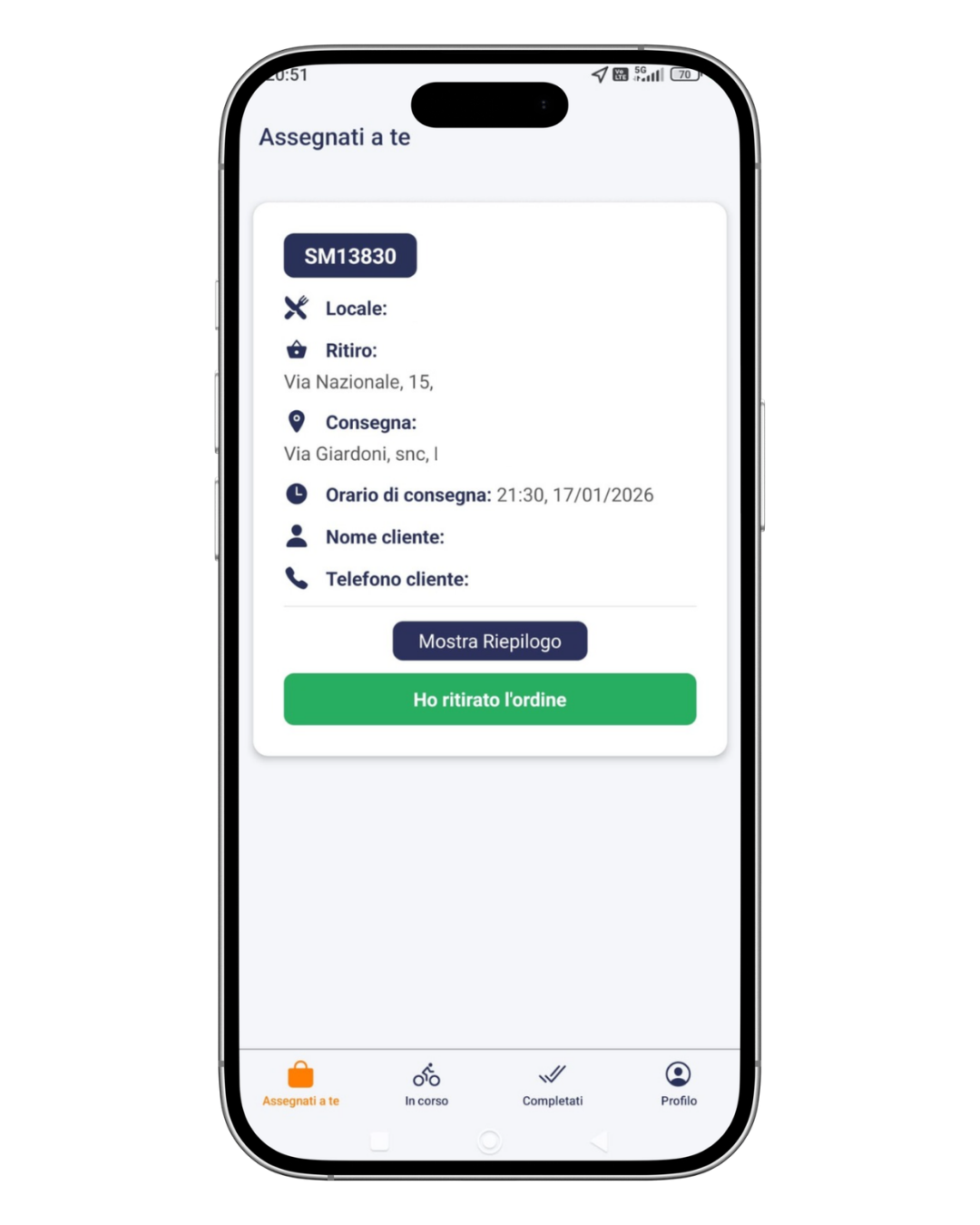App Rider Samneat schermata ordini assegnati