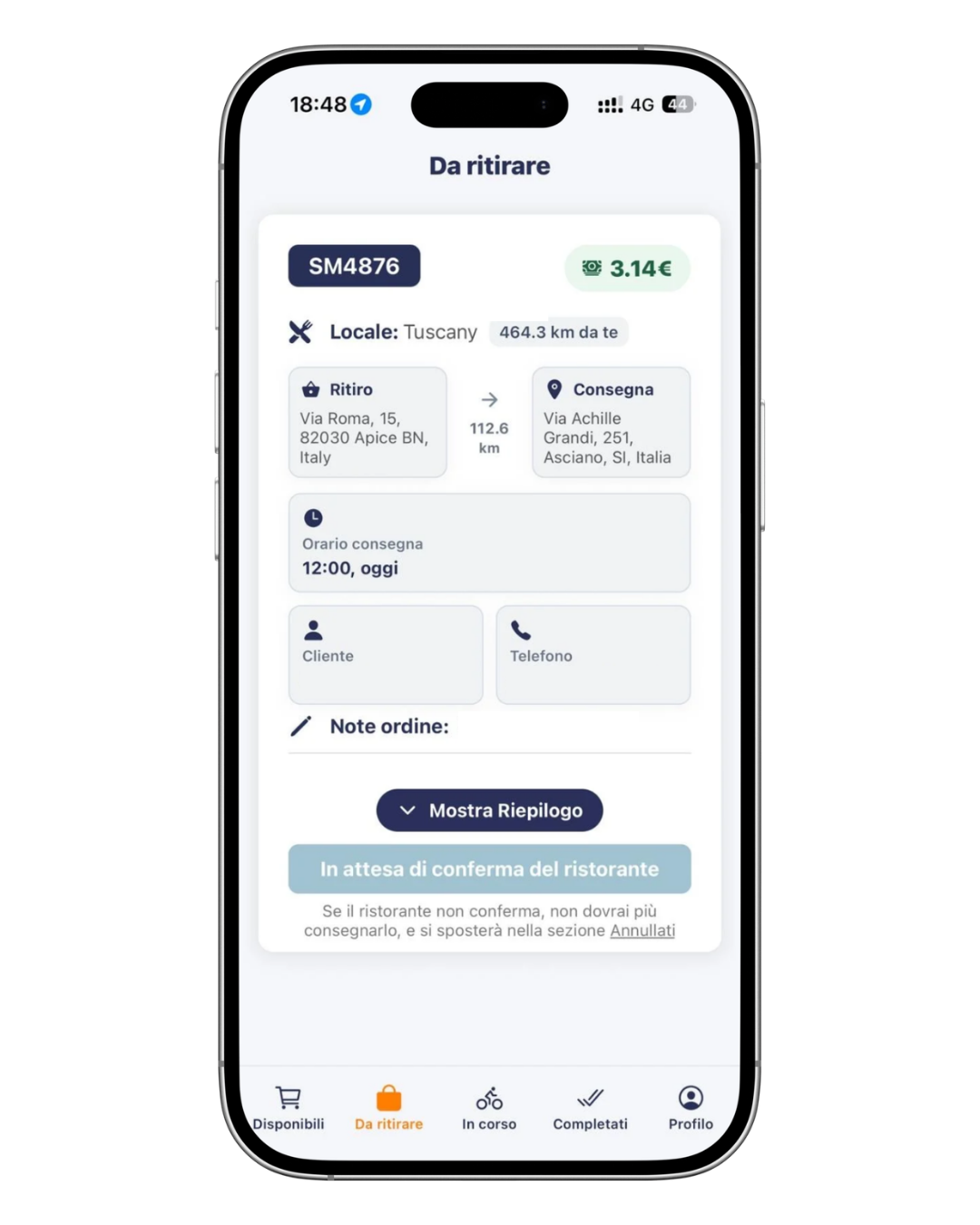 App Rider Samneat schermata ordine da ritirare