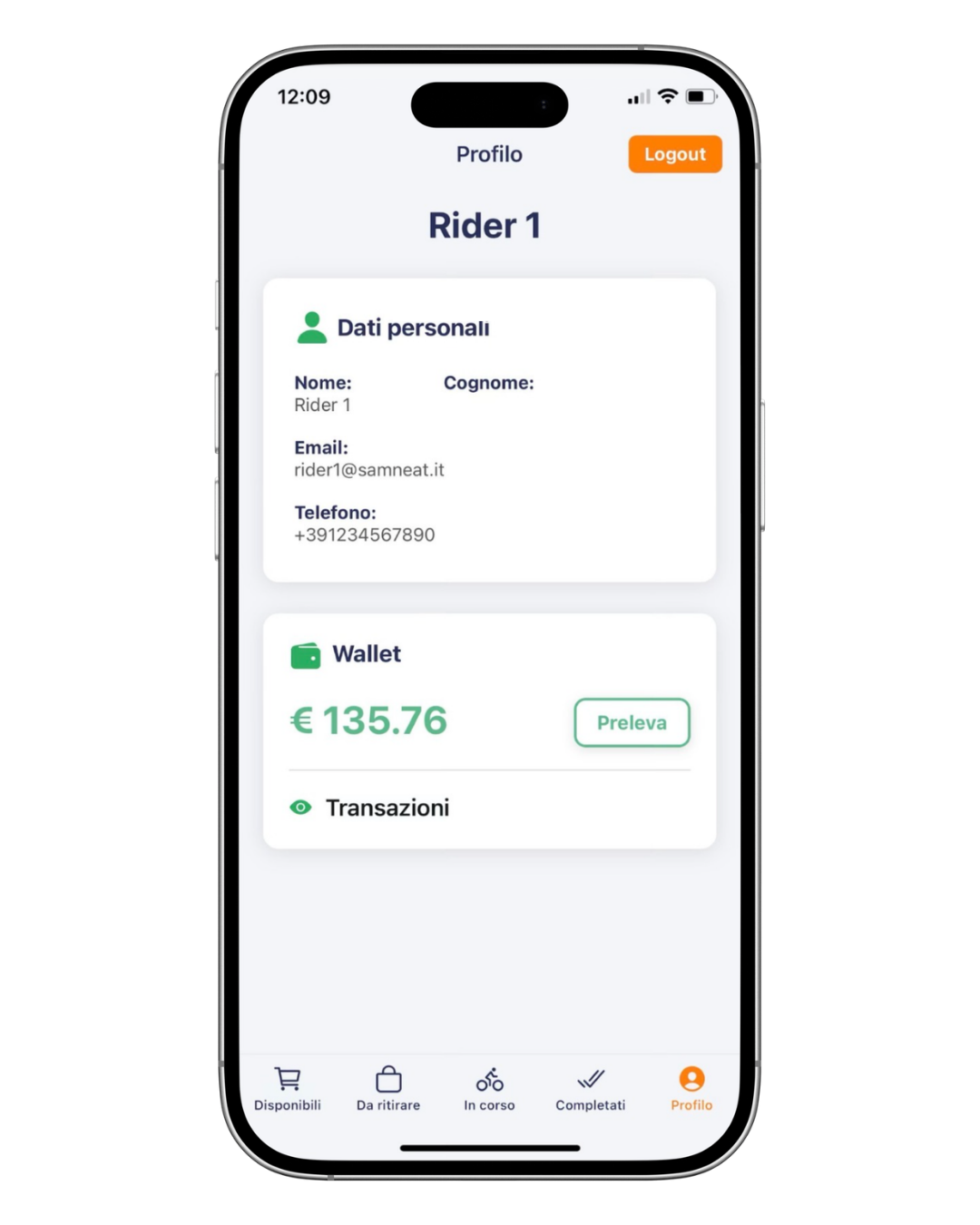 App Rider Samneat schermata profilo e wallet